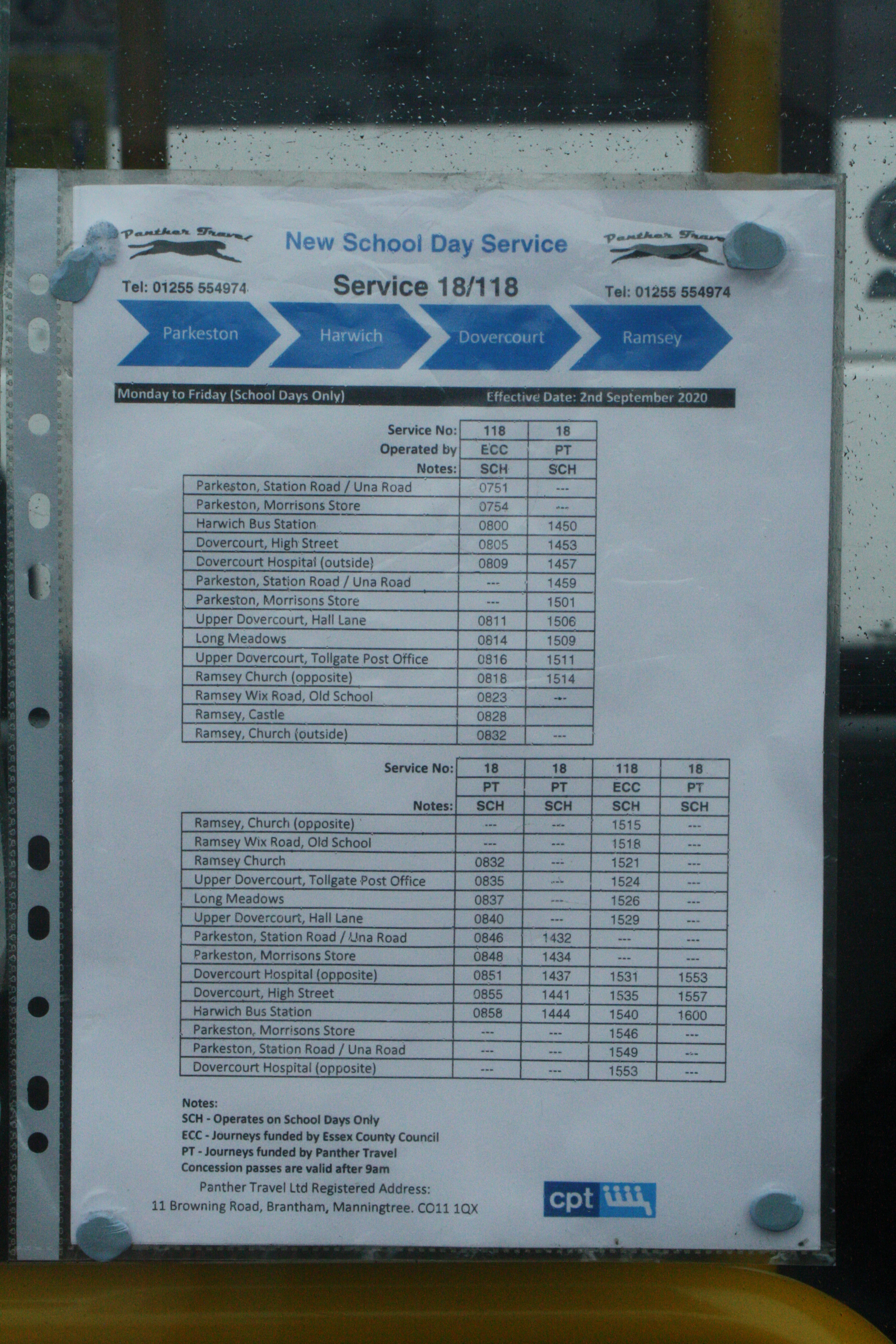 PANTHER TRAVEL ROUTE 118, 18 TIMETABLE 29-9-20
